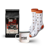 Coffee package, mug, and socks with coffee-themed designs on a white background